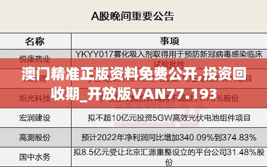 澳门精准正版资料免费公开,投资回收期_开放版VAN77.193